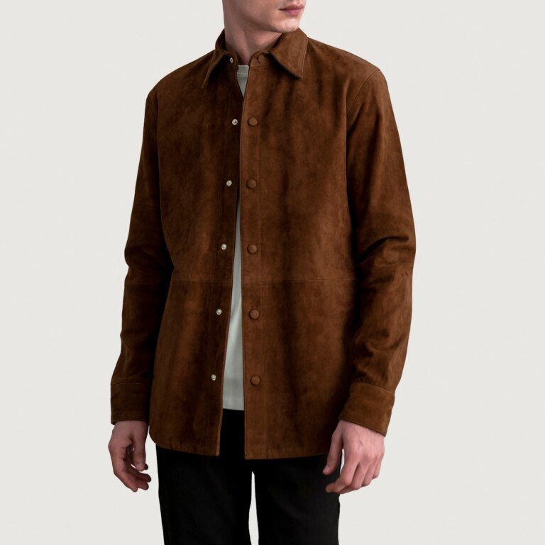Mens Haven Brown Suede Leather Shirt Open Front-4-1724081327719